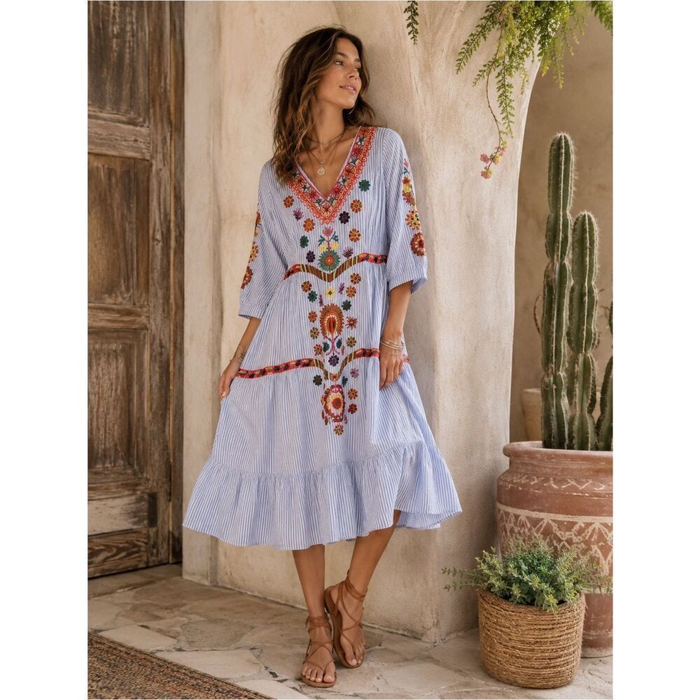 Anthropologie Stellah Genevieve Blue White Floral Embroidered  Dress Sz SP Boho